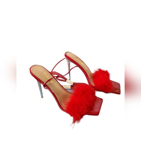 NWOT Shein Women's Red Clear Stiletto Heel Red Feather Red Leg Ties Size 8.5 - Picture 2 of 8